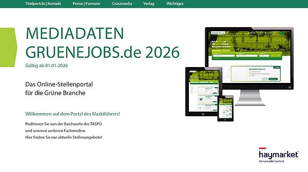 Titelfolie der Media Daten GrüneJobs 2026. Gültig ab 1.1.2026. Das Online-Stellenportal für die Grüne Branche.